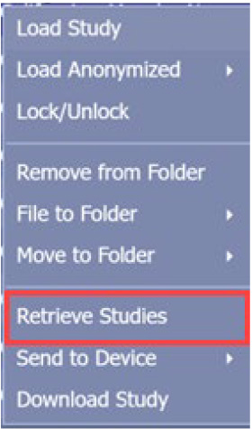 3 Right-click and select Retrieve Studies from the drop-down list that appears